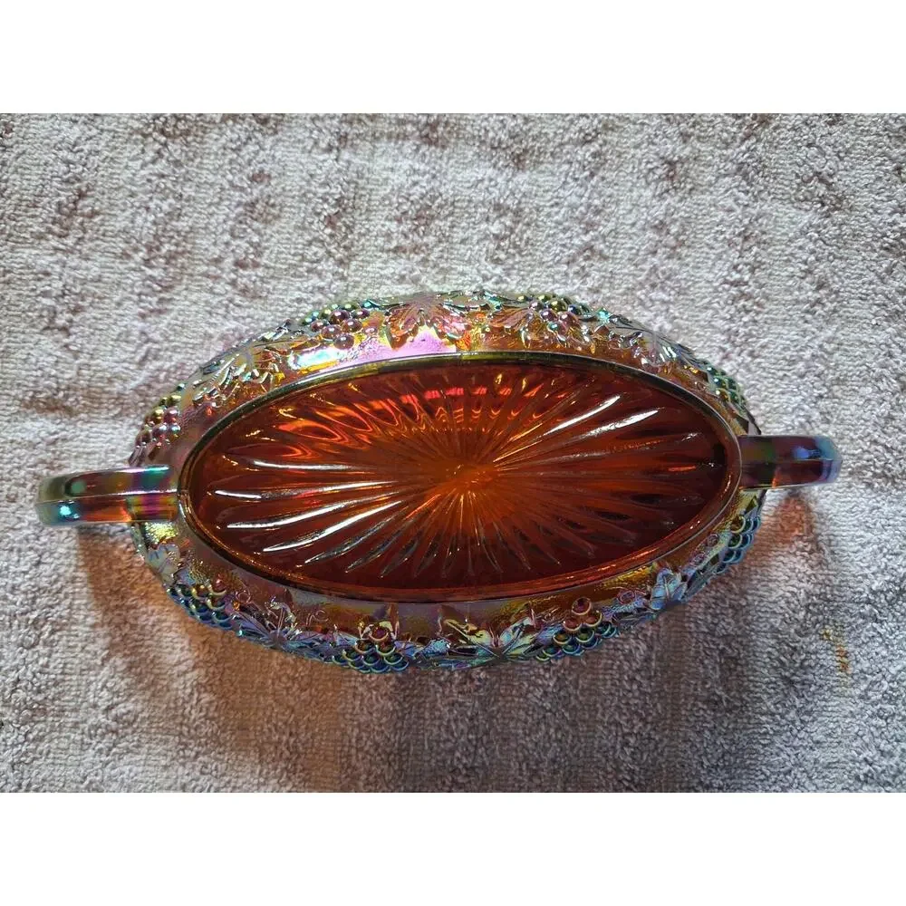 Vintage Imperial Glass Marigold Iridescent Carnival Glass Relish Dish